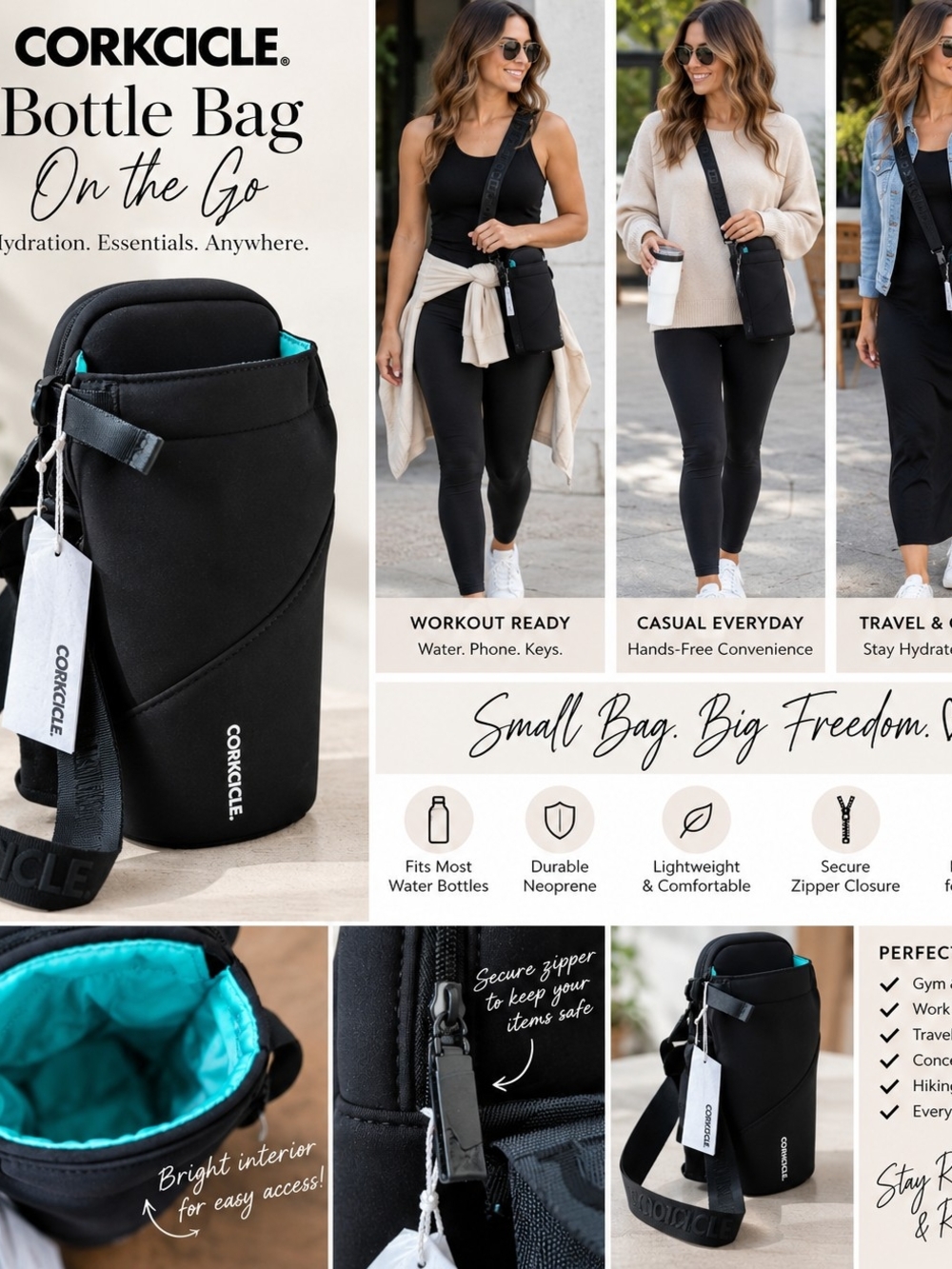 Corkcicle Black Crossbody Bottle Bag with Teal Interior